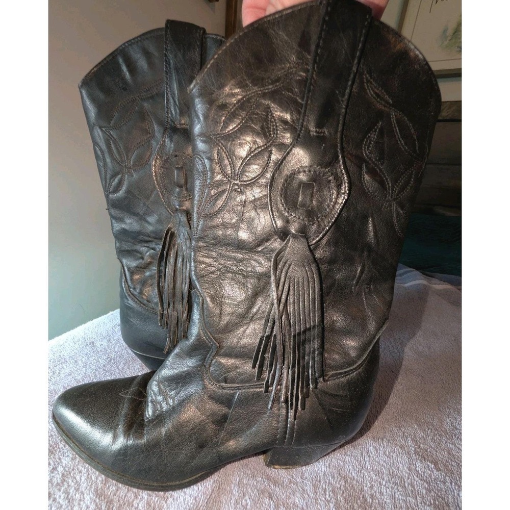 Women's VTG Laredo Black Fringe Cowboy Western Boots Size 6M Leather  Festival